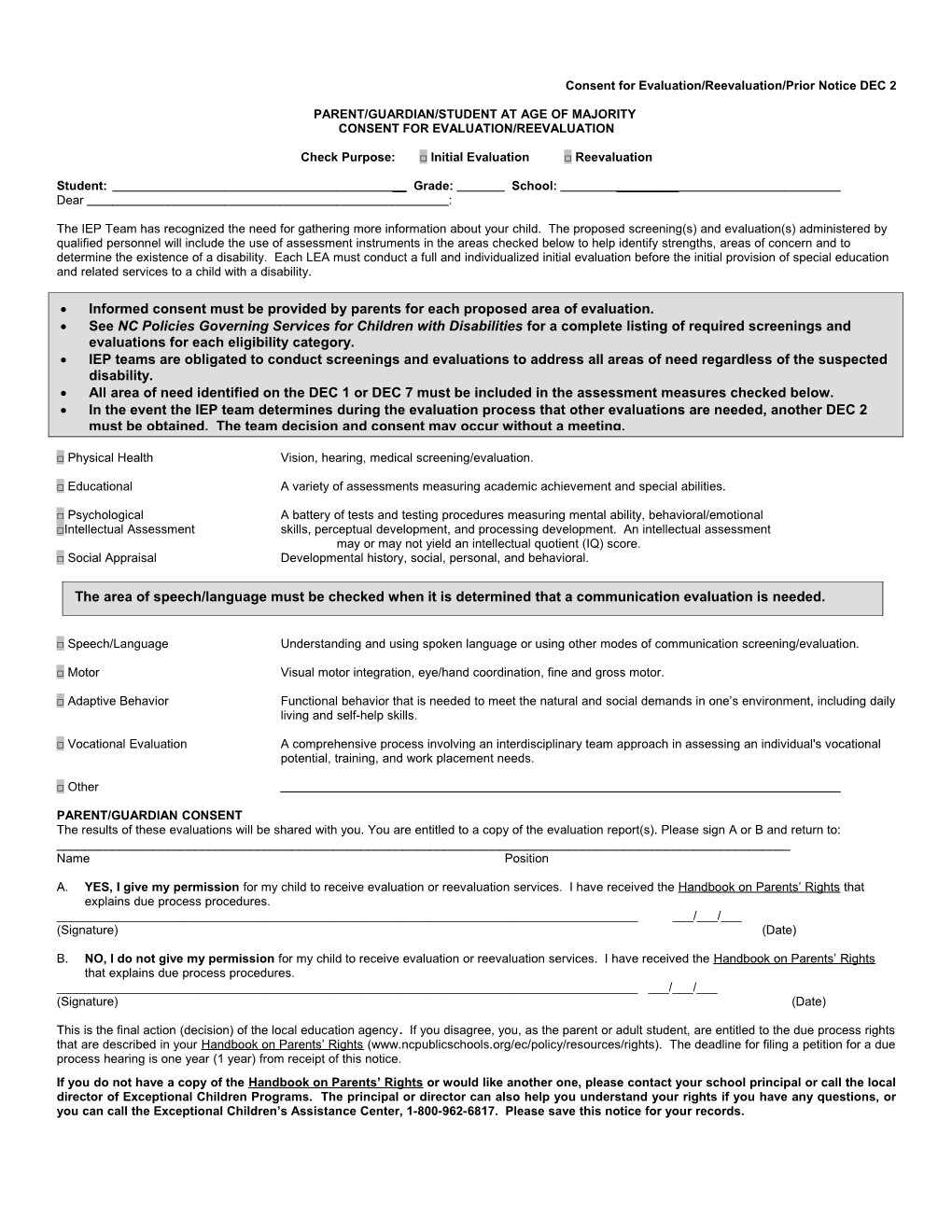 Consent for Evaluation/Reevaluation/Prior Notice DEC 2
