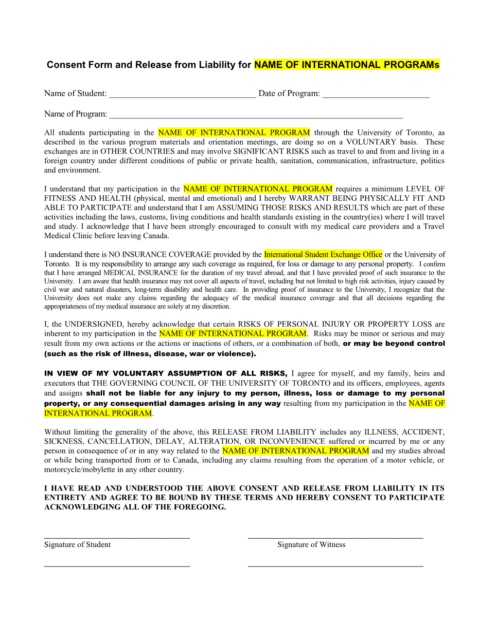 Consent Form and Release from Liability for International Student Exchange Programs