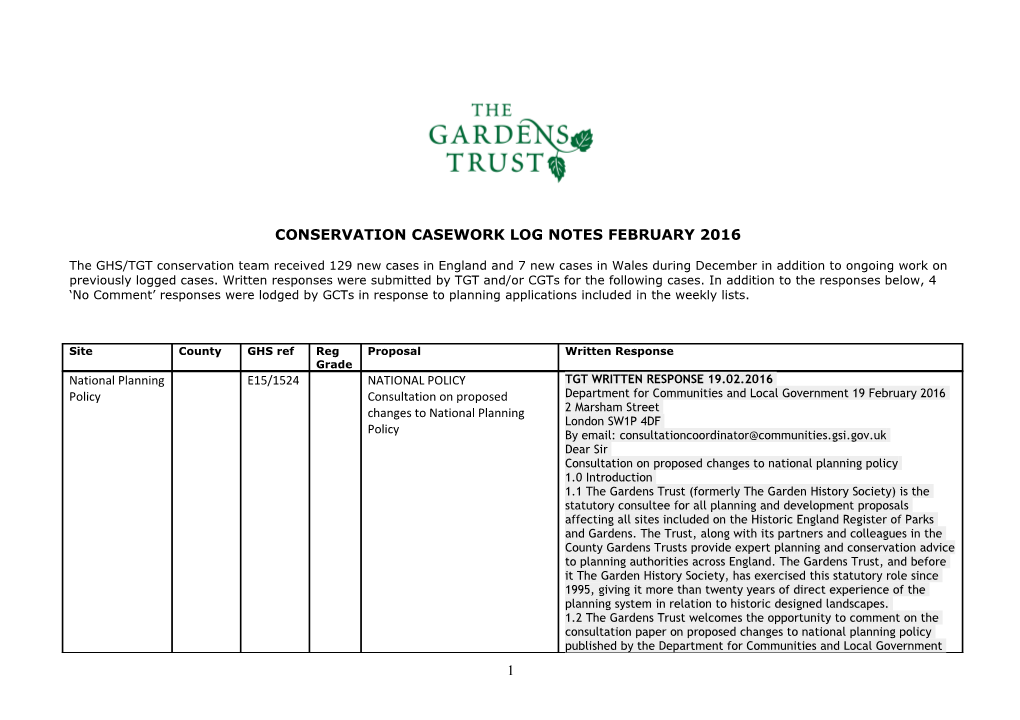 Conservation Casework Log Notes February 2016