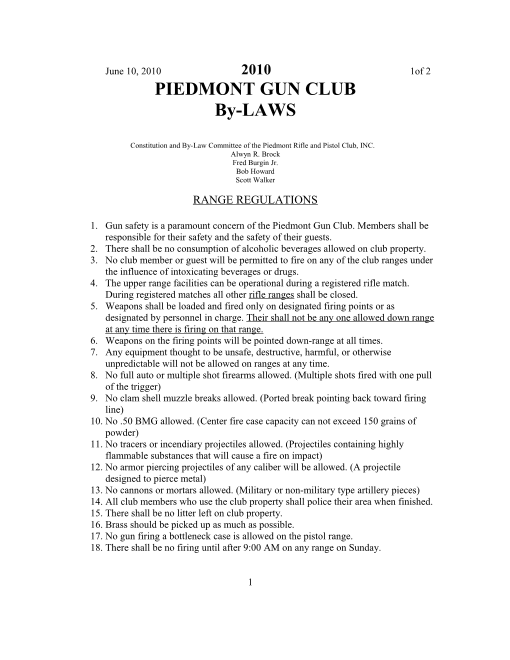 Constitution and By-Law Committee of the Piedmont Rifle and Pistol Club, INC