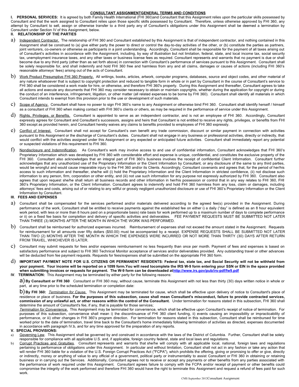 Consultant Assignment Agreement: Sep 5 2012