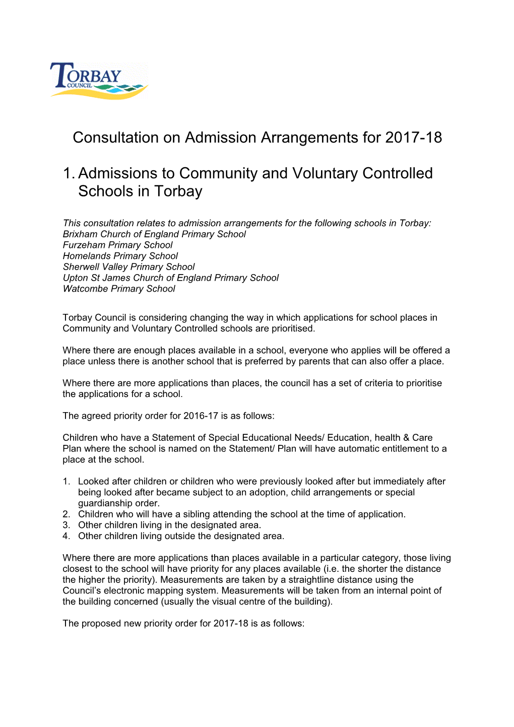 Consultation on Admission Arrangements for 2017-18