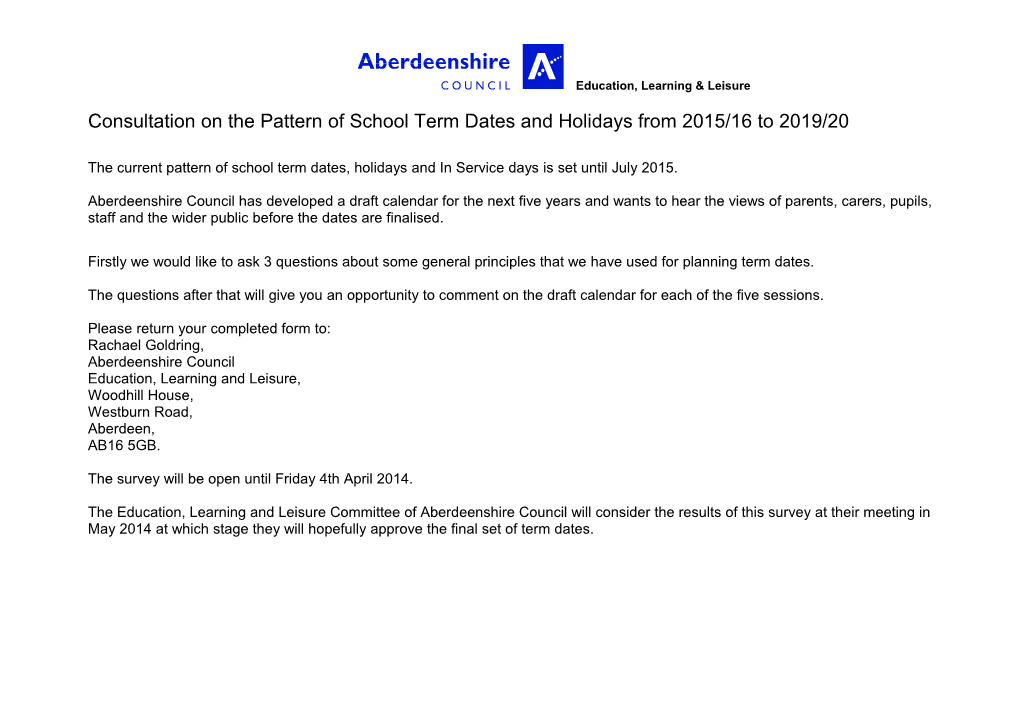 Consultation on the Pattern of School Term Dates and Holidays from 2015/16 to 2019/20