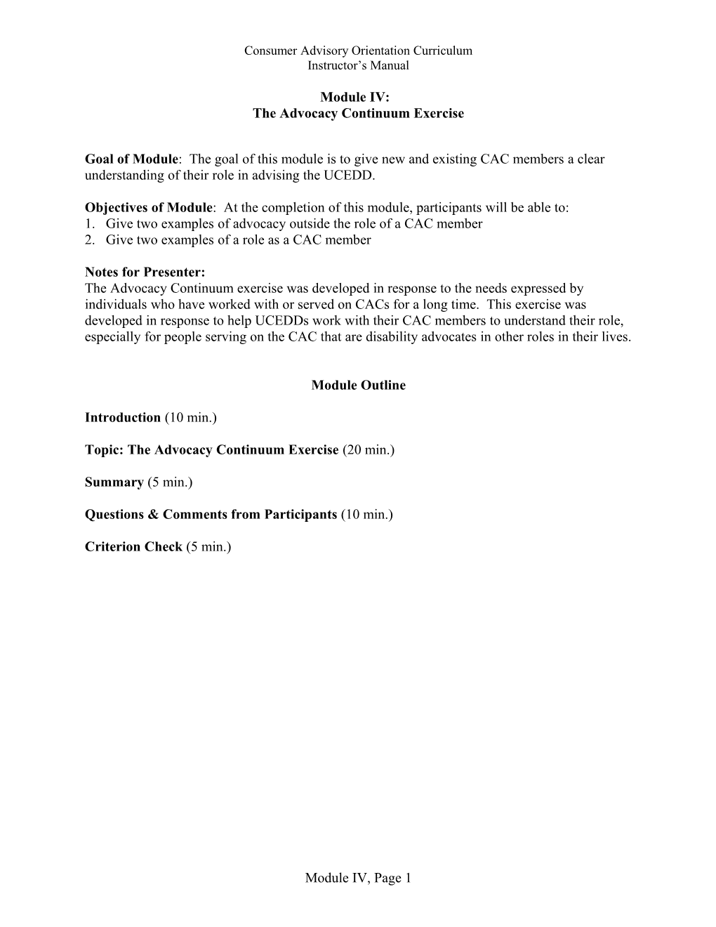 Consumer Advisory Committee Orientation Curriculum