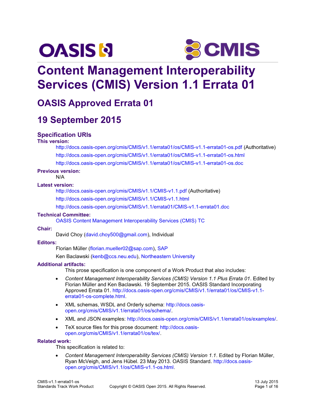 Content Management Interoperability Services (CMIS) Version 1.1 Errata 01