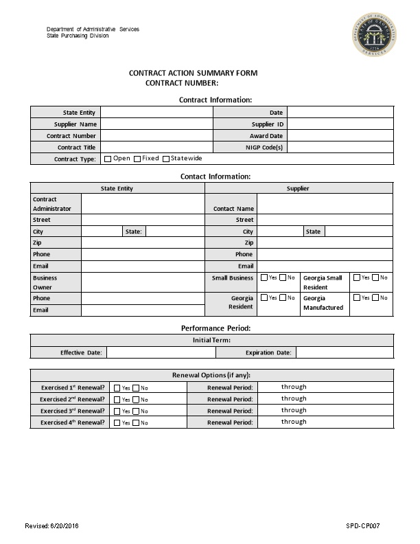 Contract Action Summary Form