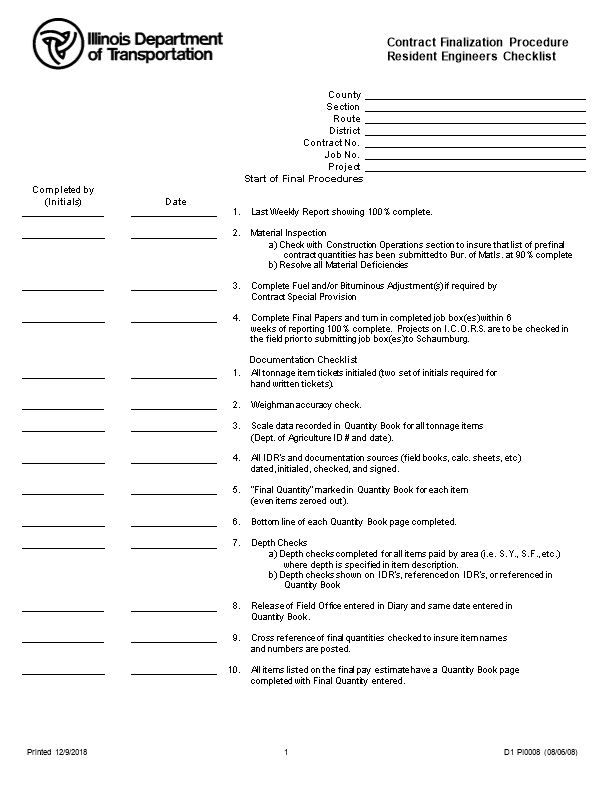 Contract Finalization Procedure Resident Engineers Checklist