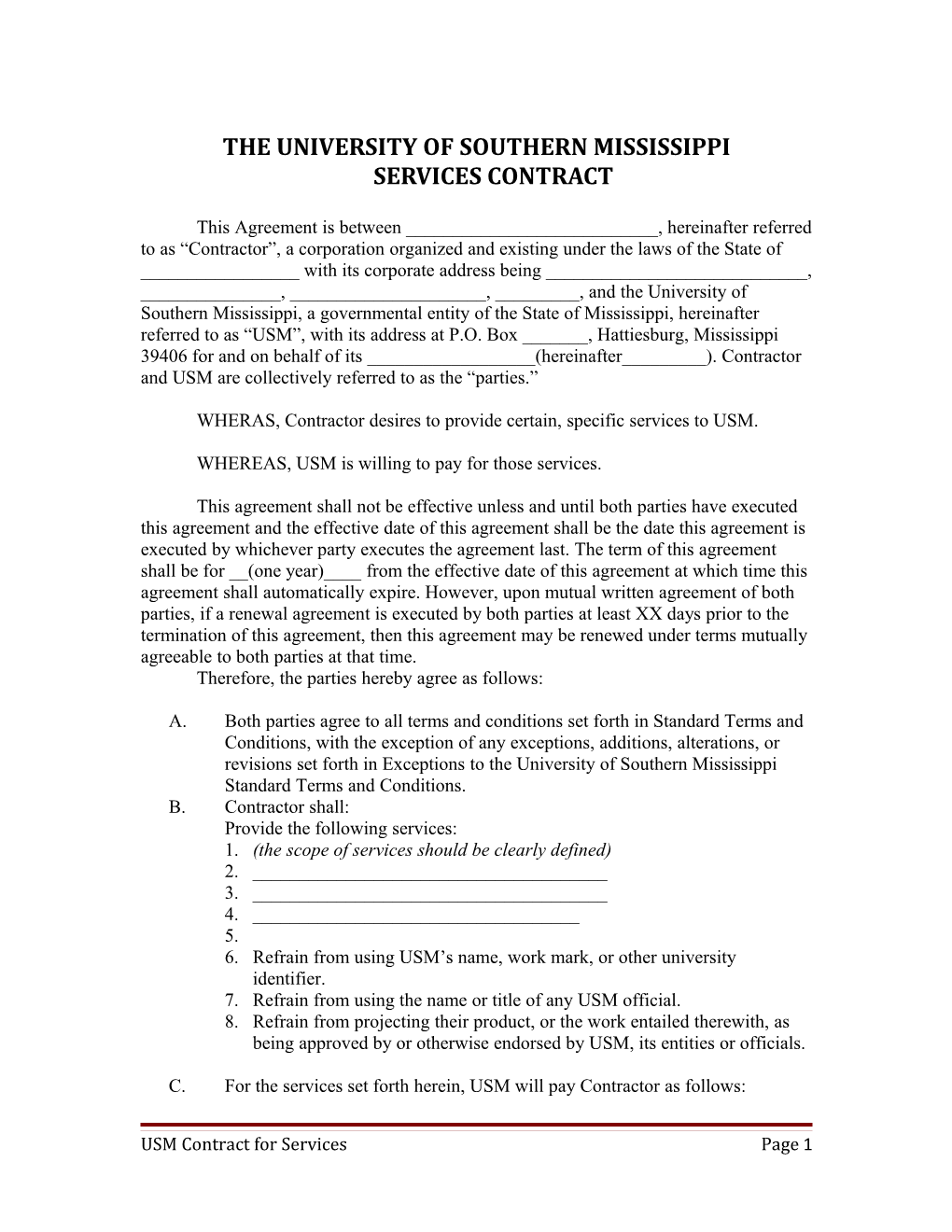 Contract for the University of Southern Mississippi