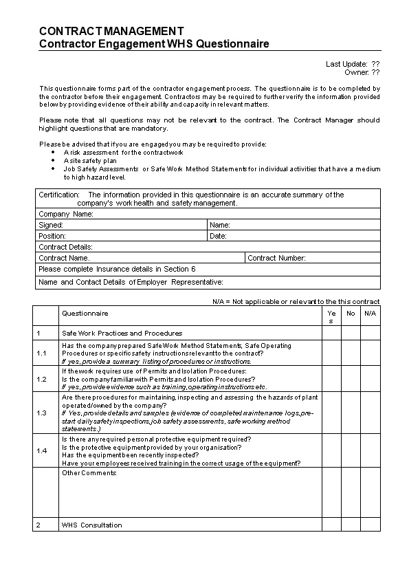 Contractor Engagement WHS Questionnaire