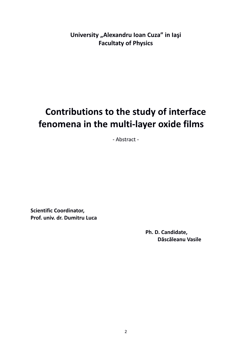 Contribuţii La Studiul Fenomenelor De Interfaţă În Filmele Oxidice Multi-Strat