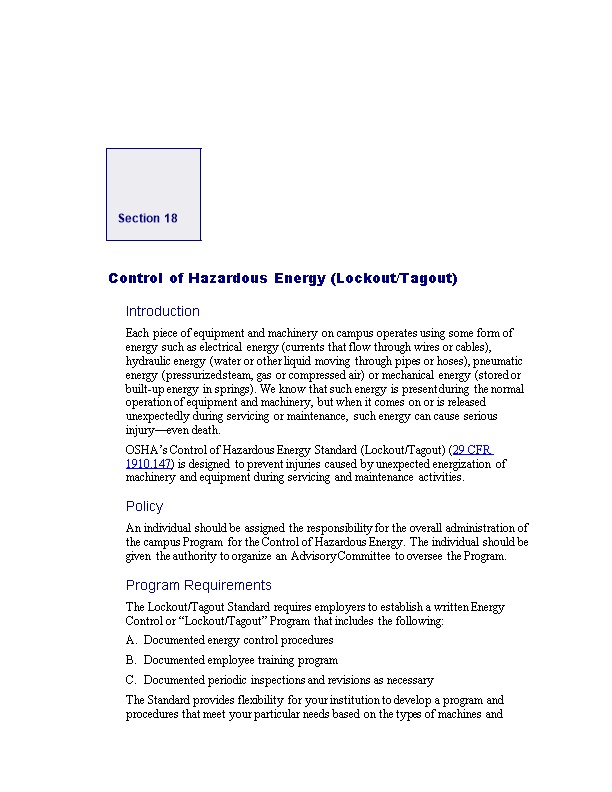 Control of Hazardous Energy (Lockout/Tagout)