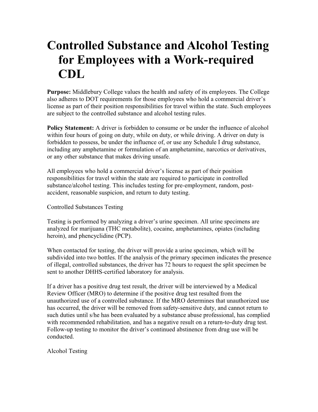 Controlled Substance and Alcohol Testing for Employees with a Work-Required CDL