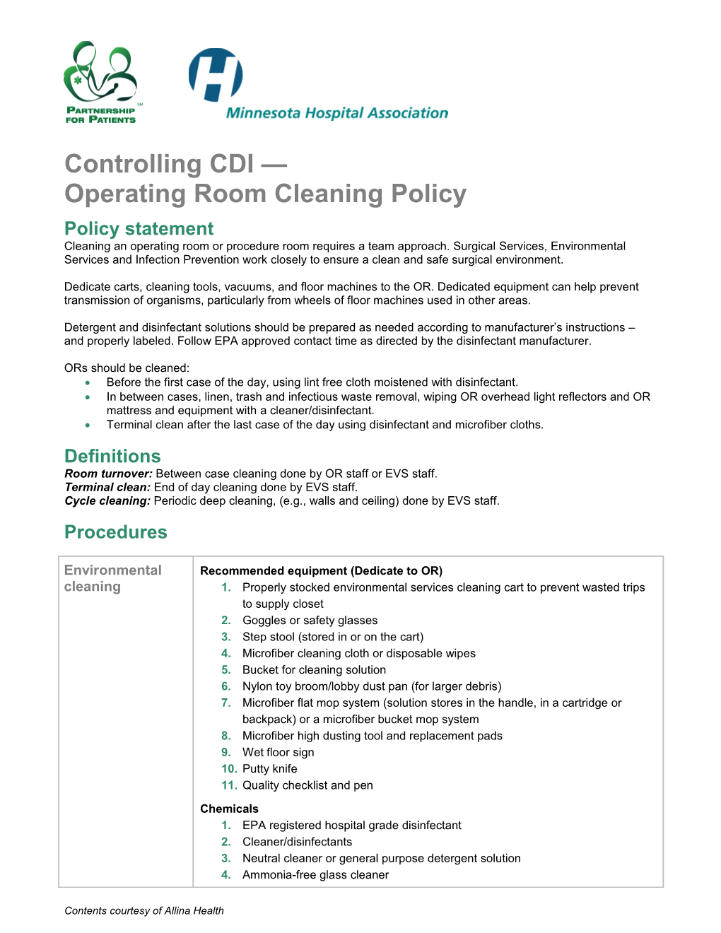 Controlling CDI Operating Room Cleaning Policy