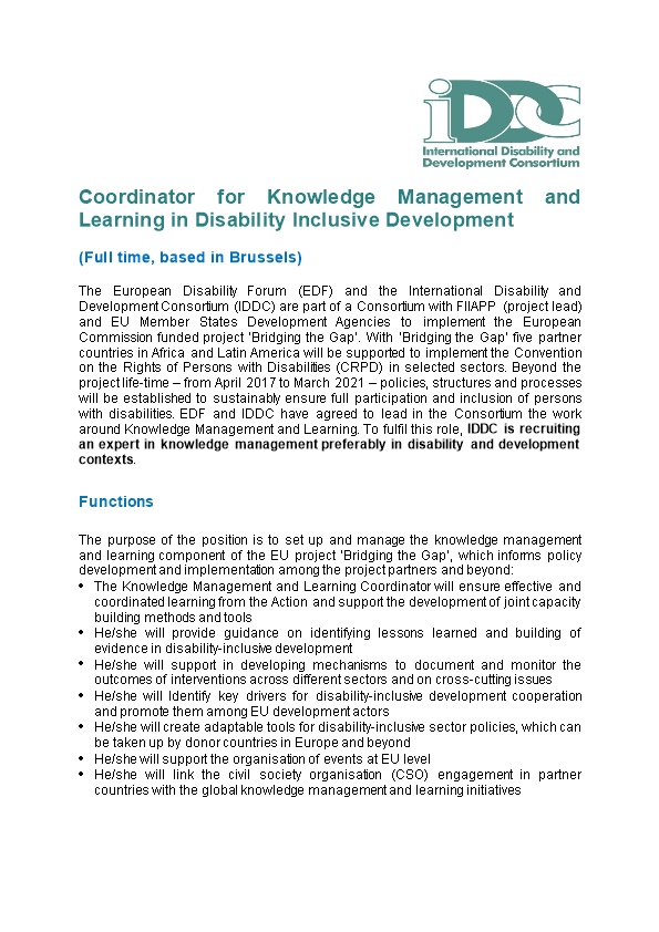 Coordinator for Knowledge Management and Learning in Disability Inclusive Development