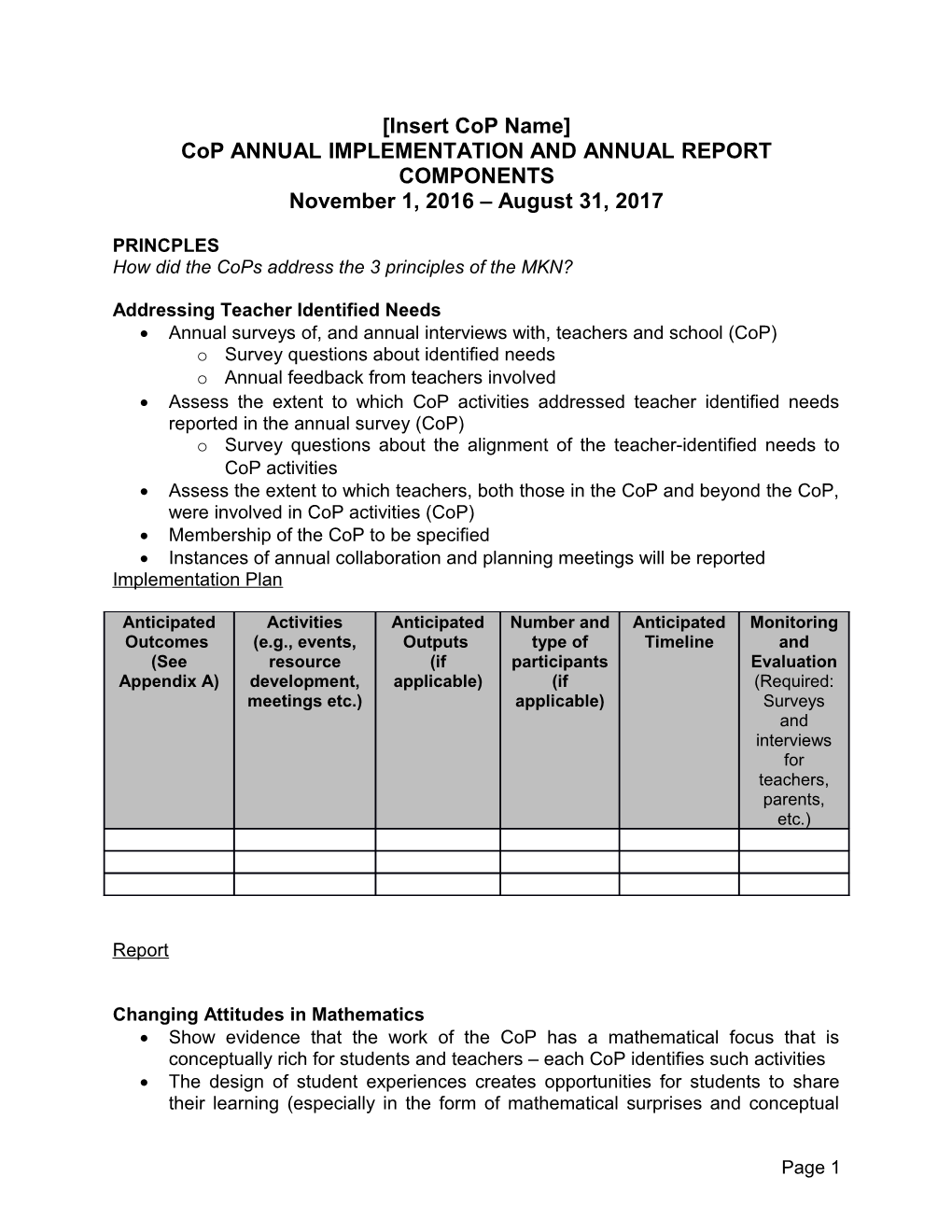 Cop ANNUAL IMPLEMENTATION and ANNUAL REPORT COMPONENTS