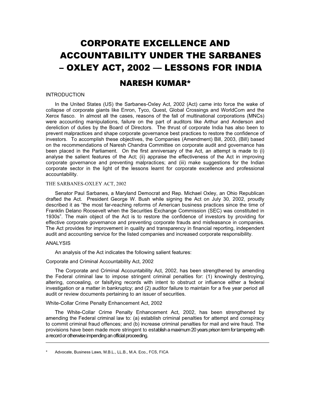 Corporate Excellence and Accountability Under the Sarbanes Oxley Act, 2002 Lessons for India