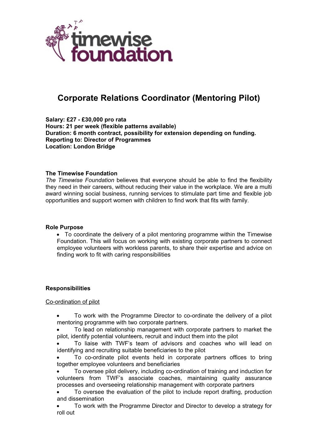 Corporate Relations Coordinator (Mentoring Pilot)