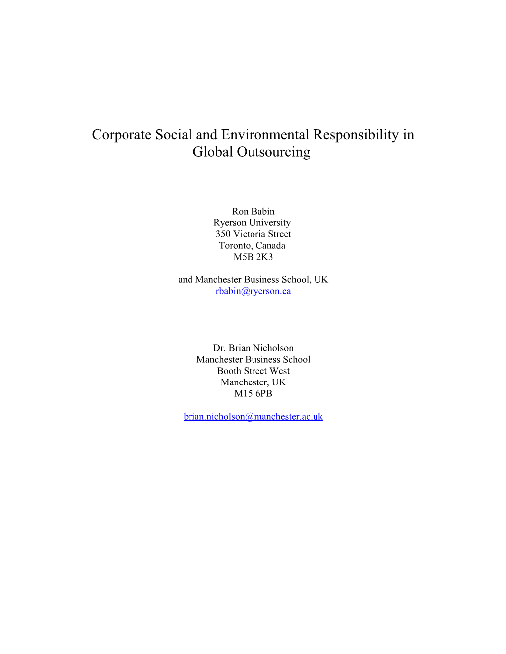 Corporate Social and Environmental Responsibility in Global Outsourcing