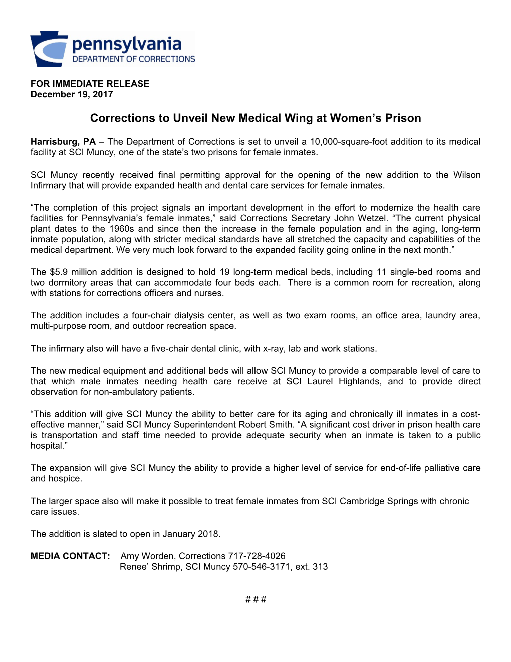 Corrections to Unveil New Medical Wing at Women S Prison