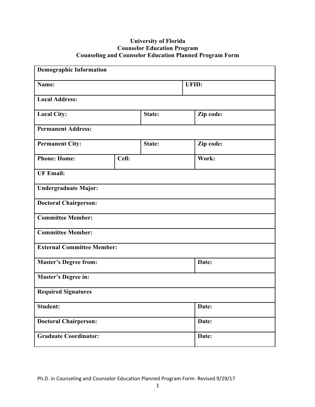 Counseling and Counselor Education Planned Program Form