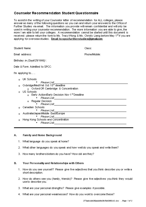 Counselor Recommendation Student Questionnaire