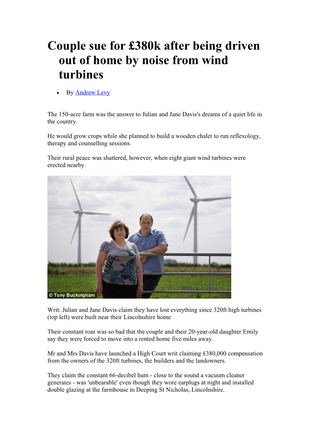 Couple Sue for 380K After Being Driven out of Home by Noise from Wind Turbines