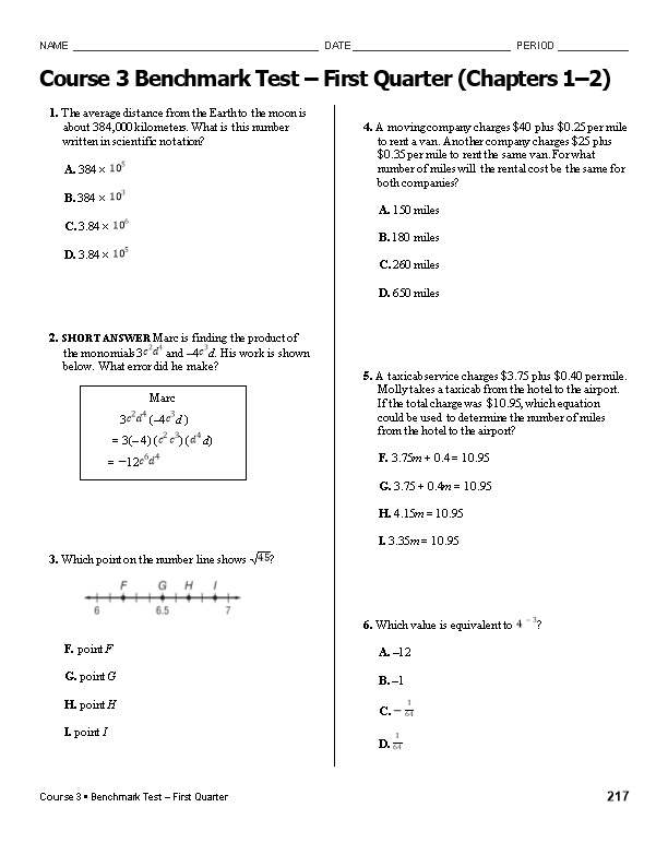 Course 3 Benchmark Test First Quarter (Chapters 1 2)