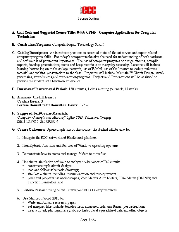 Course Outline CP-165 Computer Applications for Computer Technicians