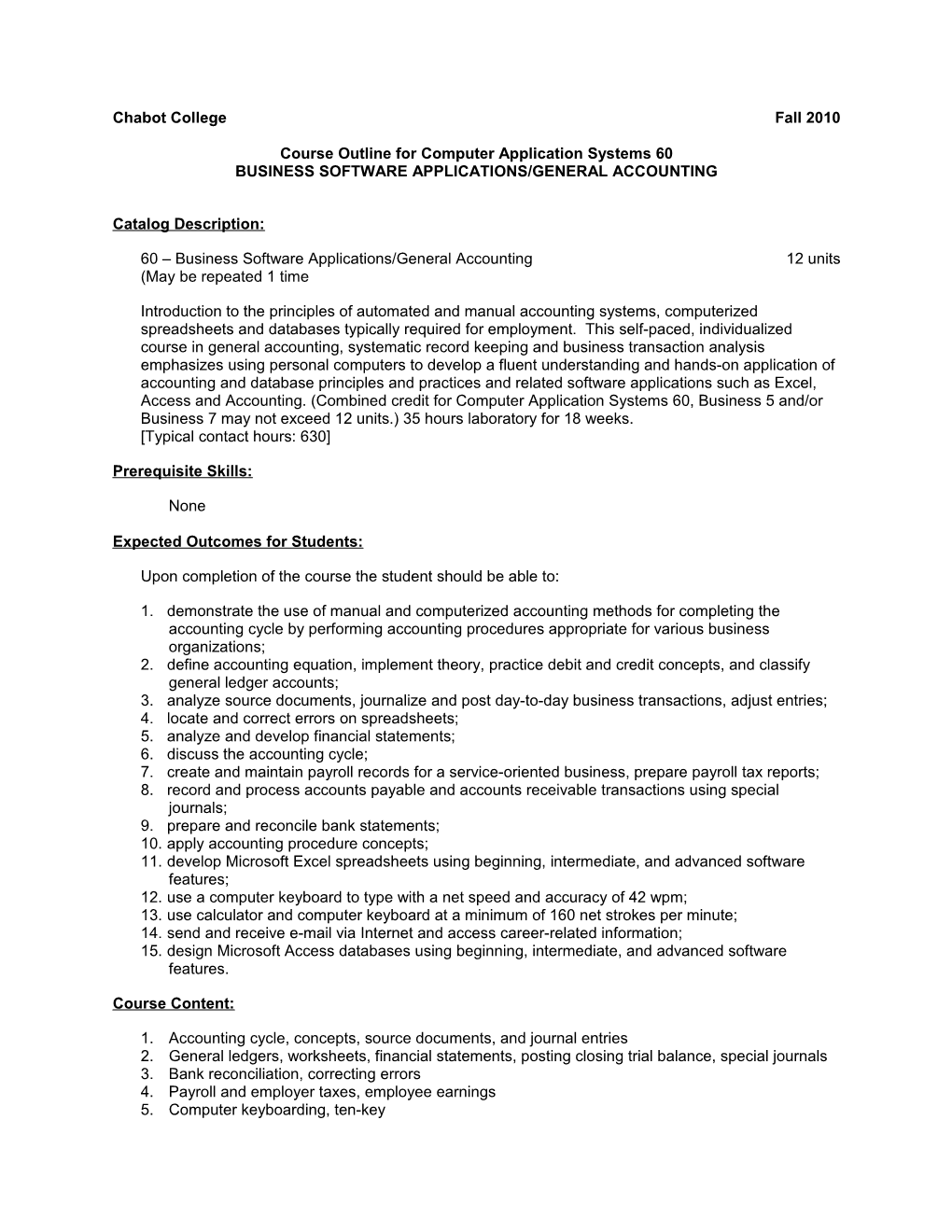Course Outline for Computer Application Systems 60, Page 1
