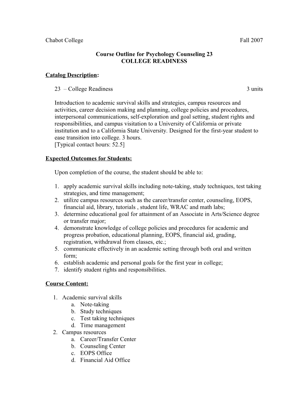 Course Outline for Psychology Counseling 23