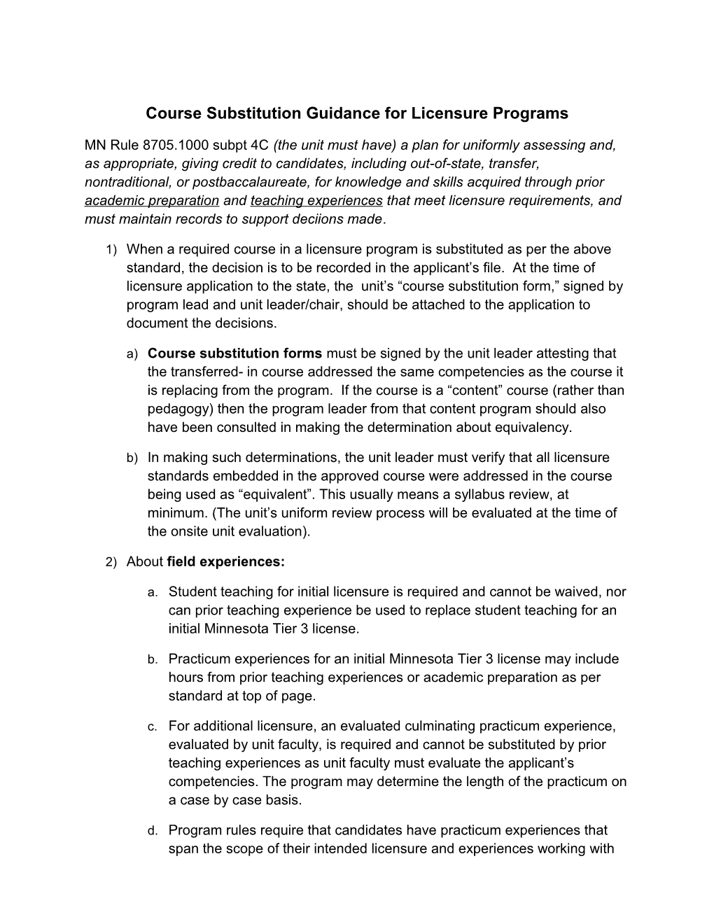 Course Substitution Guidance for Licensure Programs