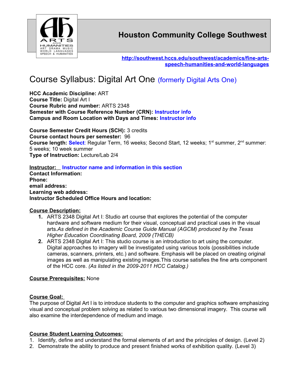 Course Syllabus: Digital Art One(Formerly Digital Arts One)