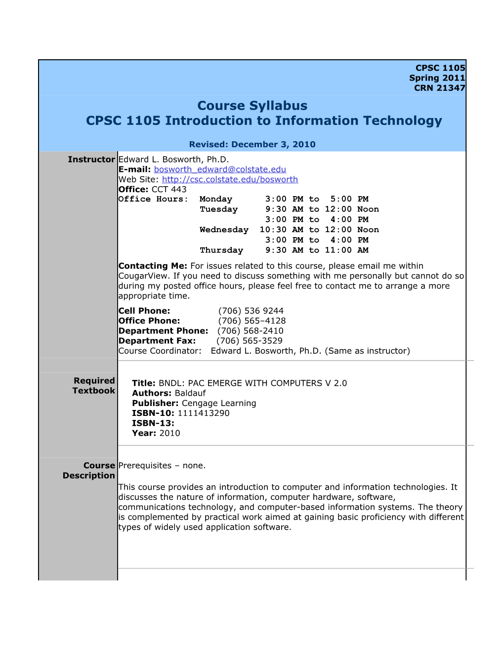 Course Syllabuscpsc 1105 Introduction to Information Technology