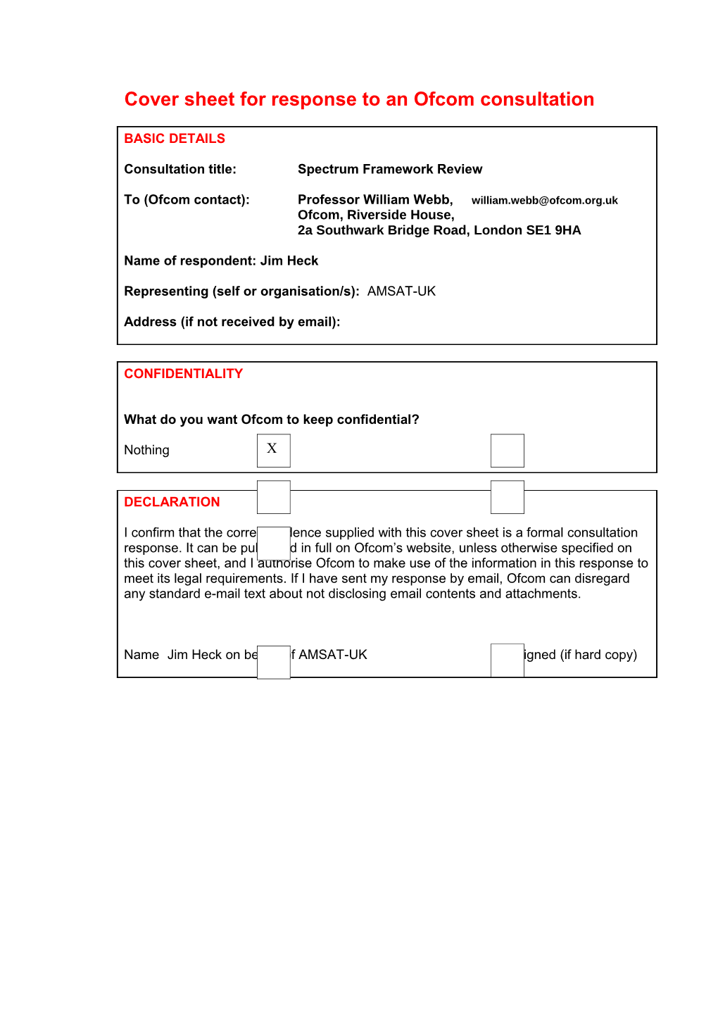 Cover Sheet for Response to an Ofcom Consultation