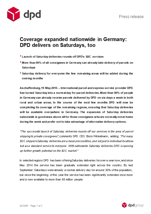Coverage Expanded Nationwide in Germany: DPD Delivers on Saturdays, Too