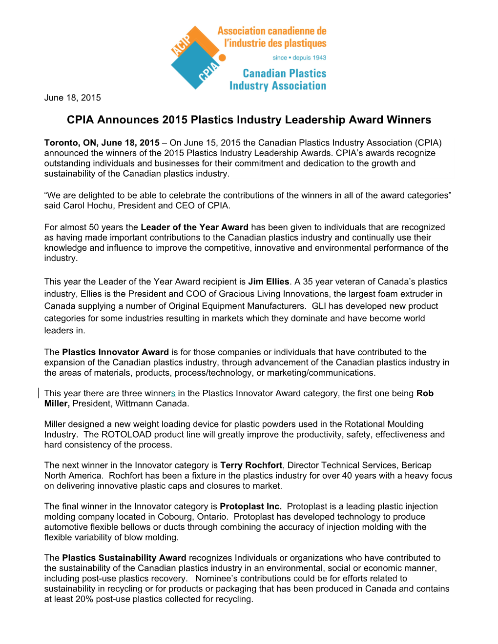 CPIA Announces 2015 Plastics Industryleadership Award Winners