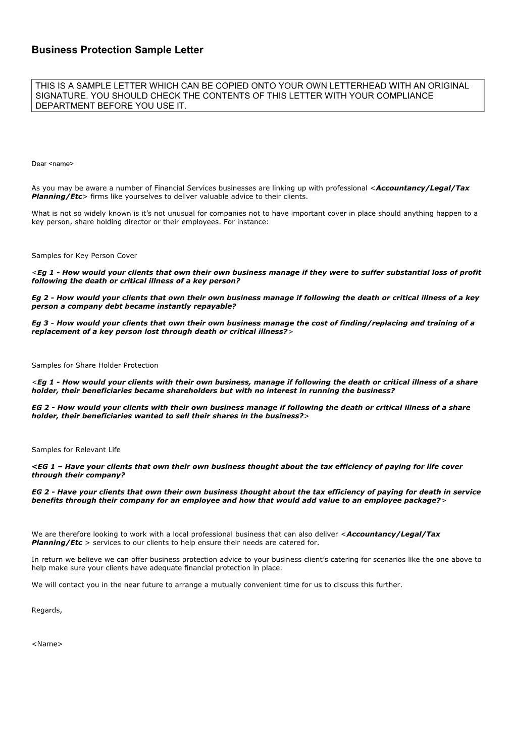 Creating Professional Connections - Business Protection Sample Letter