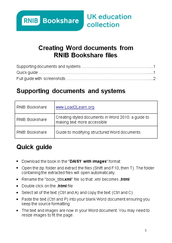 Creating Word Documents from RNIB Bookshare Files