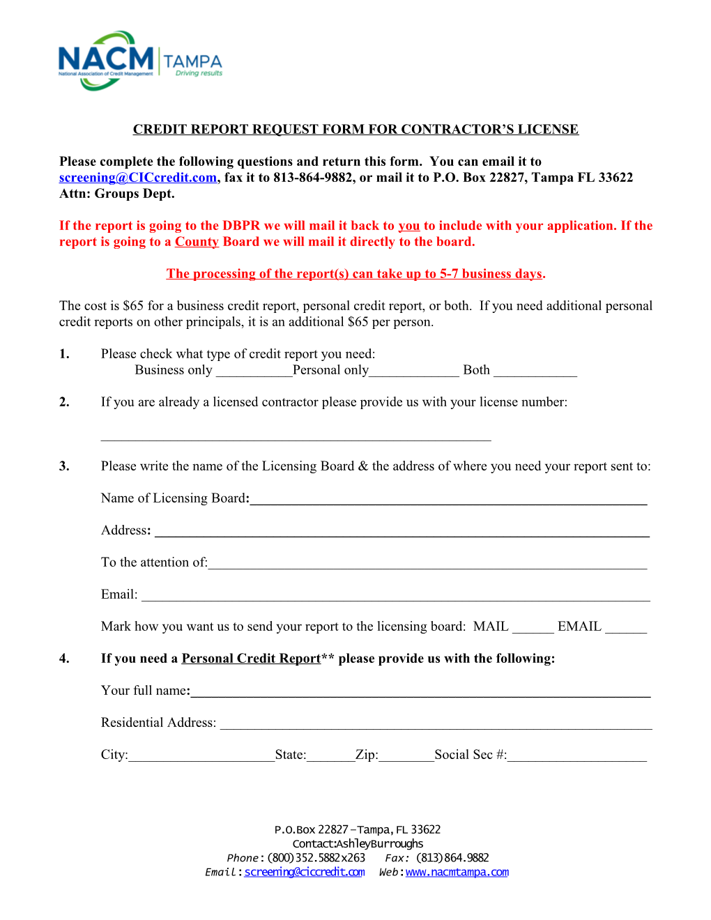 Credit Report Request Form for Contractor S License