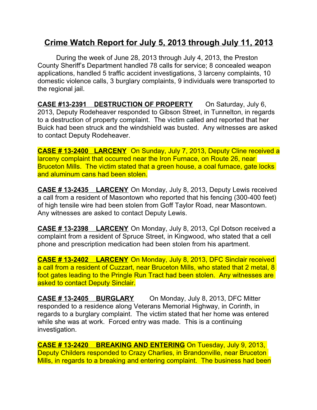 Crime Watch Report for July 5, 2013 Through July 11, 2013