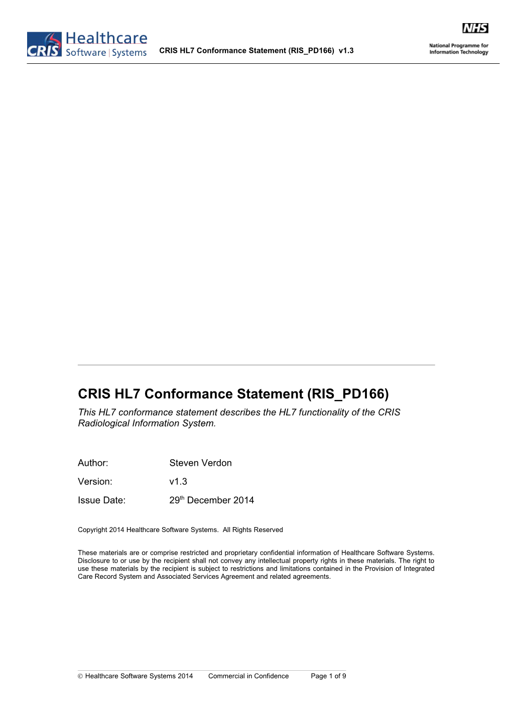 CRIS HL7 Conformance Statement (RIS PD166)
