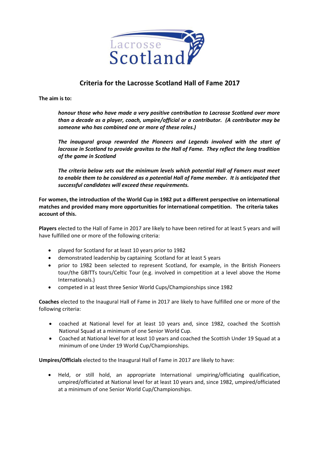 Criteria for the Lacrosse Scotland Hall of Fame 2017