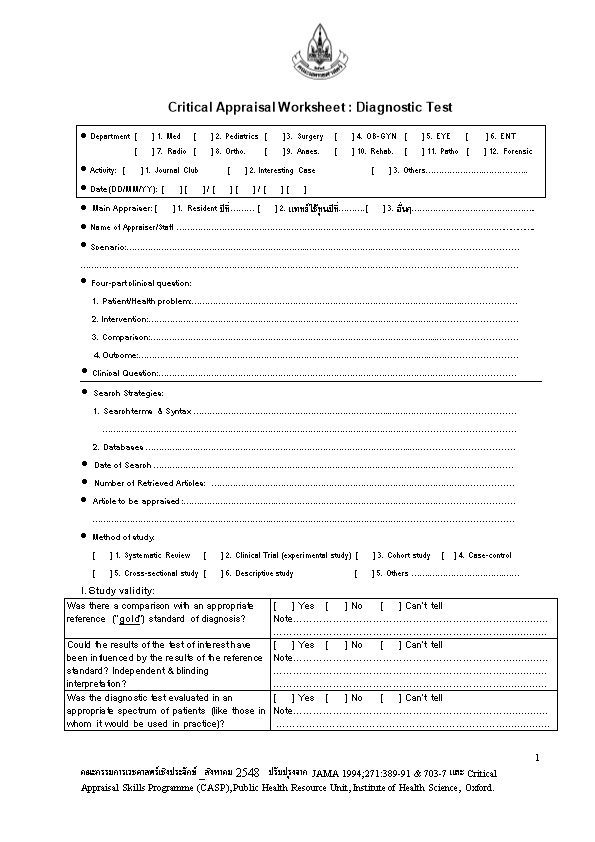 Critical Appraisal Worksheet for Diagnosis