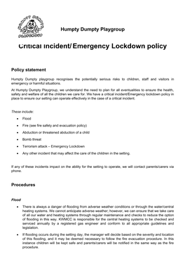 Critical Incident/Emergency Lockdown Policy