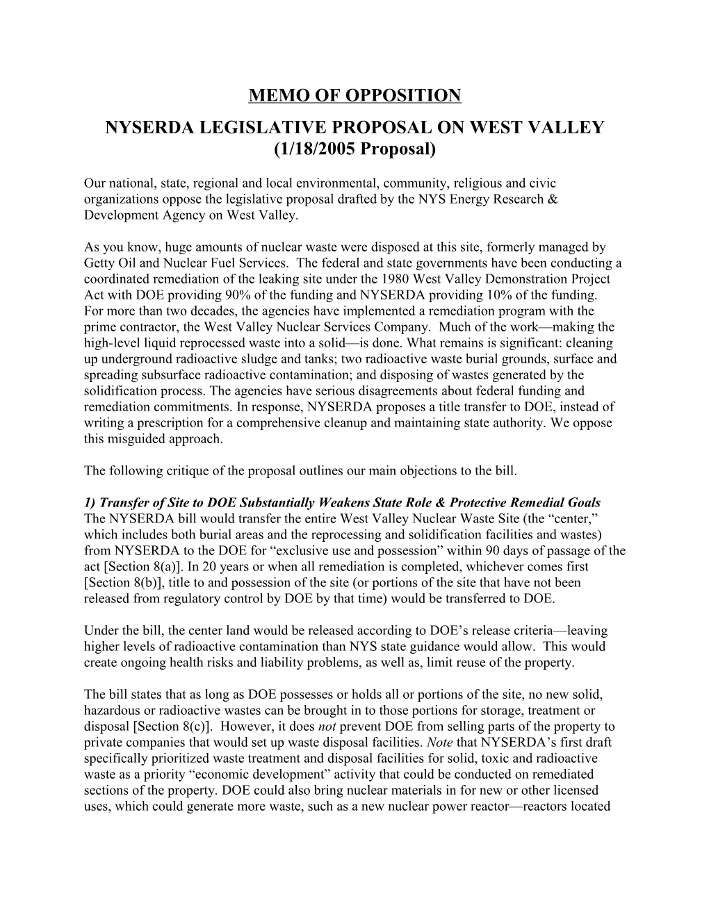 Critique of NYSERDA CTF West Valley Bill