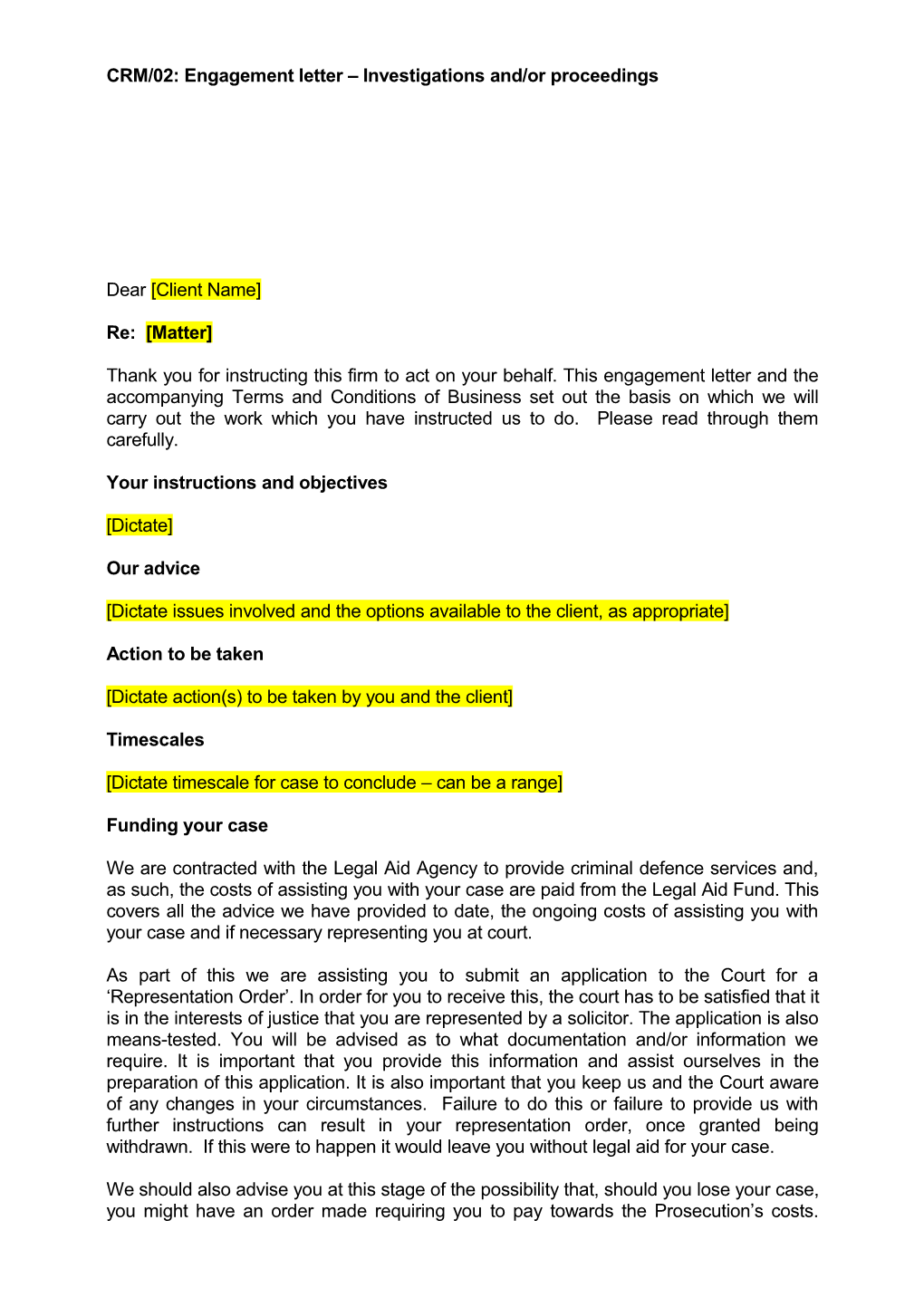 CRM/02: Engagement Letter Investigations And/Or Proceedings