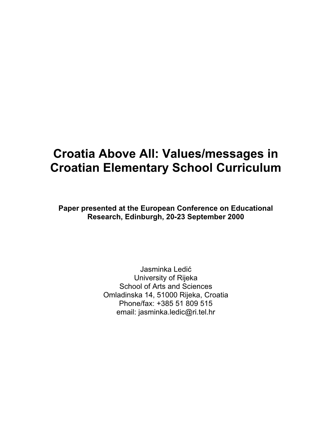 Croatia Above All: Values/Messages in Croatian Elementary School Curriculum