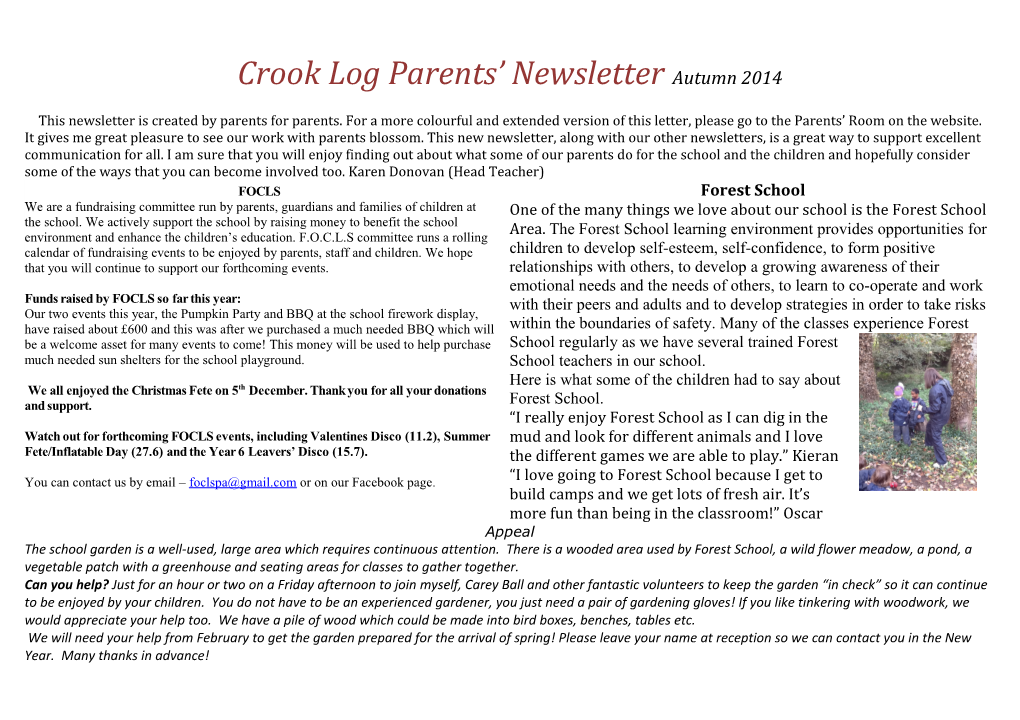 Crook Log Parents Newsletterautumn 2014