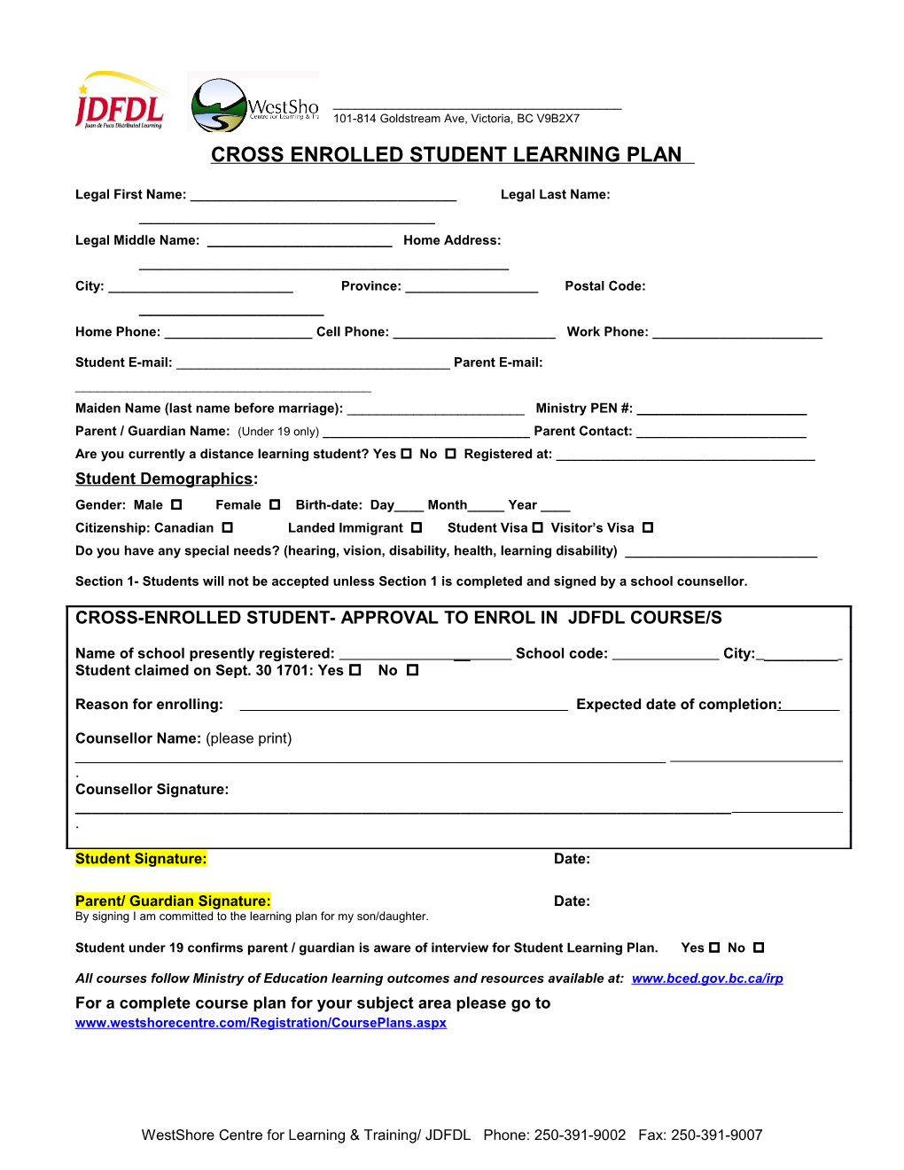 Cross Enrolled Student Learning Plan