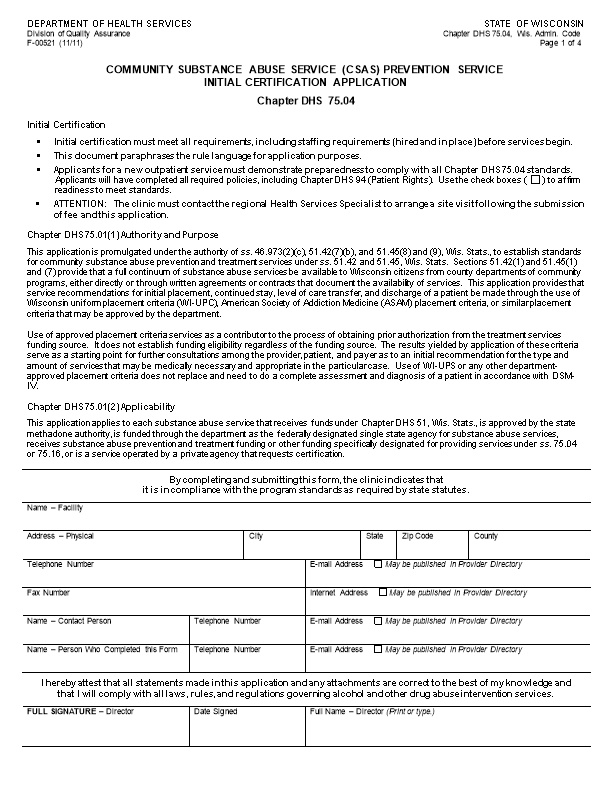 CSAS Prevention Service Initial Certification Application-DHS 75.04, F-00521